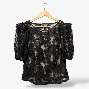 Gracia Black Mesh Blouse Sheer Puff Sleeve Size L Dark Femme Goth Coquette